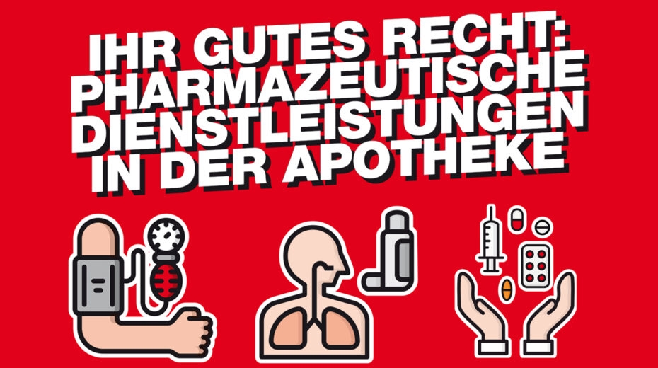 Richtig inhalieren – Einweisung und Beratung in der Apotheke Grafik mit Symbolen zu pharmazeutischen Dienstleistungen wie Blutdruckmessung, Inhalation und Medikamentenberatung.